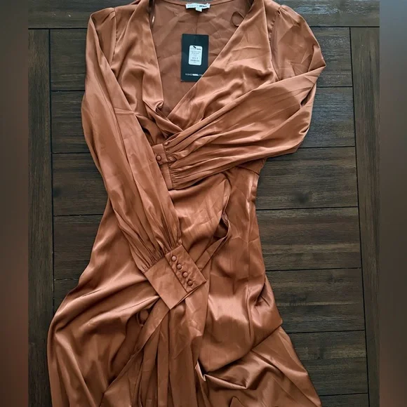 NWT Fashion Nova Sultry Vixen Satin Wrap Dress - Brown - Size S - Picture 2 of 3